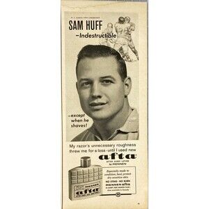 Mennen Afta Shave Lotion "Sam Huff-Indestructible except when he Shaves! Ad 1963
